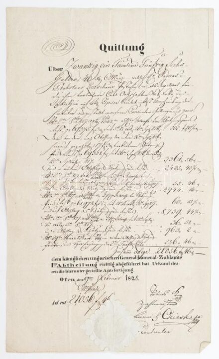 1832 Buda, német nyelvű elismervény felzetes szárazpecséttel