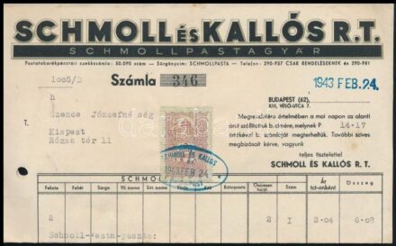 1943 Bp., Schmoll és Kallós Rt. fejléces számlája illetékbélyeggel