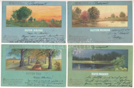 NAPSZAKOK - 4 db régi üdvözlő képeslap / TIME OF DAY - 4 pre-1900 greeting postcards