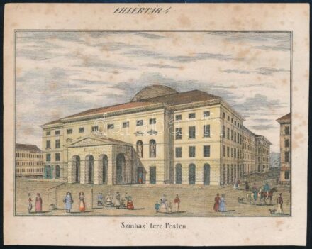 Színház tere Pesten, 1830-1840 körül. Akvarellel színezett rézmetszet, papír, jelzés nélkül. Foltos. 10,5x15,5 cm /