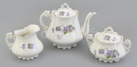 Régi, szecessziós kanna, kiöntő és cukortartó, porcelán, kopott, csorbával.