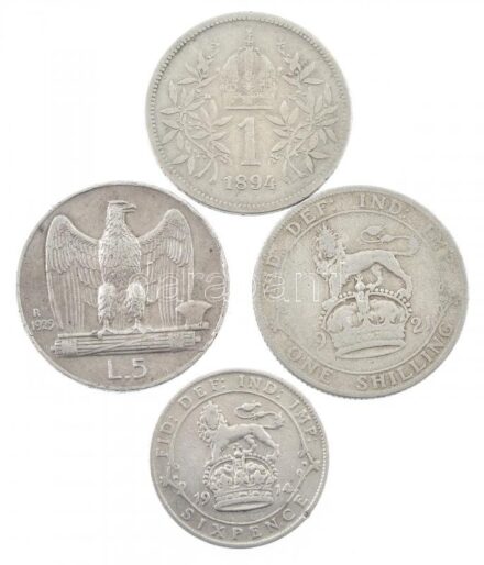 4db-os vegyes külföldi érmetétel, közte Ausztria 1894. 1K Ag 'Ferenc József' + Nagy-Britannia 1914. 6p Ag 'V. György' + 1921. 1sh Ag 'V. György' + Olaszország. 1929. 5L Ag 'III. Viktor Emánuel' T:2,2- patina, kis ph 4pcs of mixed foreign