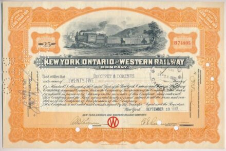 New York 1932. 'New York, Ontario és a Nyugati Vasút Társaság' 25 részvénye 2500$-ról 'B74905' felülbélyegzésekkel, lyukasztással, perforációval érvénytelenítve T:III USA / New York 1932. 'New York, Ontario and Western Railway