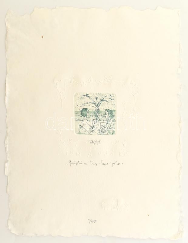 Vetlényi Zsolt (1967-): Beszélgetés az Üveg-tenger-parton. Színes rézkarc, merített papír, jelzett, számozott: 72/100, 7,5×7,5 cm