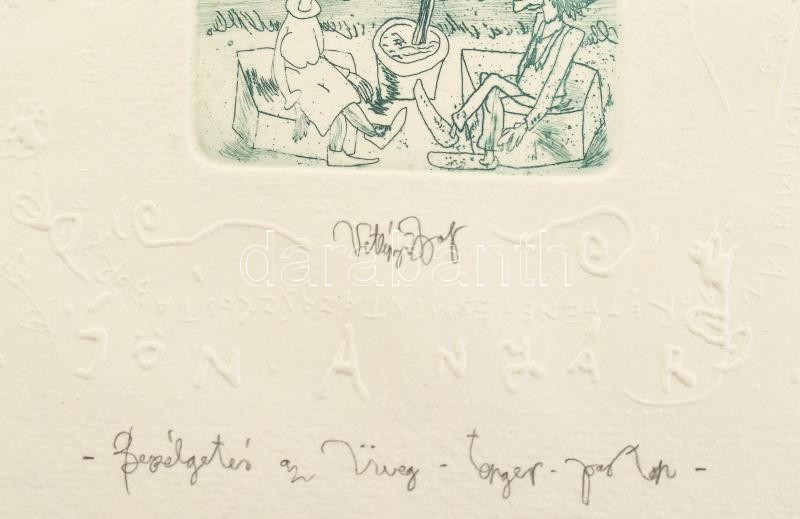 Vetlényi Zsolt (1967-): Beszélgetés az Üveg-tenger-parton. Színes rézkarc, merített papír, jelzett, számozott: 72/100, 7,5×7,5 cm - Image 2