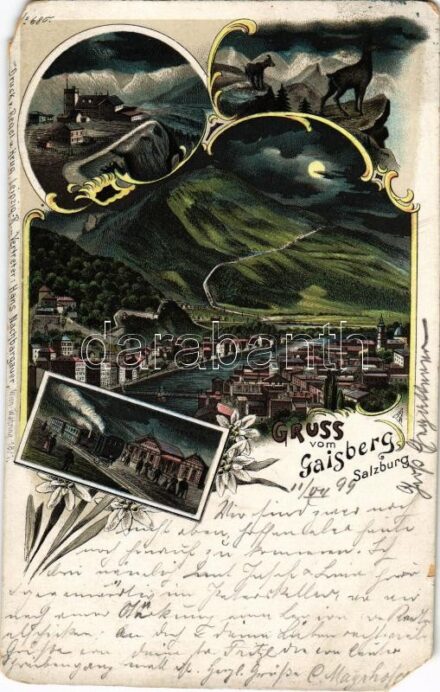 1899 (Vorläufer) Salzburg, Gruss vom Gaisberg. Hotel Gaisbergspitze, Zahnradbahn-Station Zistel-Alpe / cog-wheel railway station, hotel. Art Nouveau, floral, litho (b)