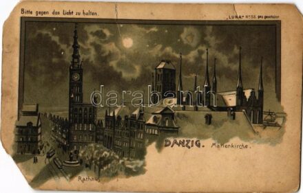 Gdansk, Danzig; Marienkirche, Rathaus. Bitte gegen das Licht zu halten / street view, church, town hall, tram. 'LUNA' No. 55. hold to light litho (b)