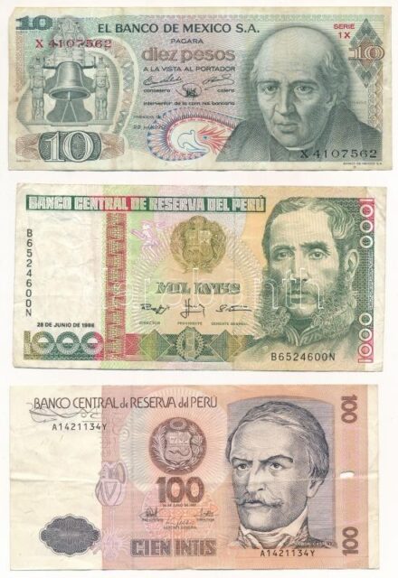 5db-os bankjegy tétel, benne: Brazília 1975. 1C, DN 10.000C, Peru 1987. 100I, Peru 1988. 1000I, Mexikó 1970. 10P T:III,III- 5pcs of banknotes lot with Brasil 1975. 1 Cruzeiro, ND 10.000 Cruzeiros, Peru 1987. 100 Intis, Peru 1988. 1000 Intis,