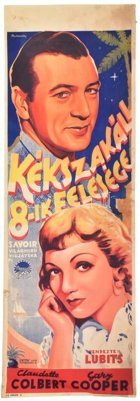 Kékszakállú 8-ik felesége (Bluebeard's Eigth Wife). . Moziplakát (filmplakát, rácsplakát), 1938. Gary Cooper és Claudette Colbert szereplésével. Rendezte: Ernst Lubitsch. Litográfia, papír. Muskovszky László (1902-?) grafikája,