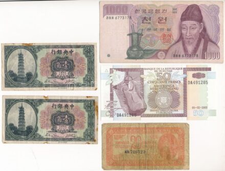 5db-os bankjegy tétel, benne Kína DN 10c (2x), Jugoszlávia 1944. 20D, Burundi 2005. 50Fr, Dél-Korea DN 1000W T:I-III- 5pcs of banknotes lot, with China ND 10 Cents (2x), Yugoslavia 1944. 20 Dinara, Burundi 2005. 50 Francs, South Korea ND 1000