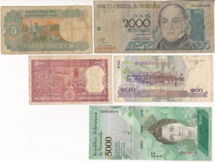 5db-os bankjegy tétel, benne Kambodzsa 2001. 100R, Venezuela 1998. 2000B, 2017. 5000B, India DN 2R, India DN 5R T:I--III 5pcs of banknotes lot with Cambodia 2001. 100 Riels, Venezuela 1998. 2000 Bolivares, 2017. 5000 Bolivares, India ND 2 Rupees,