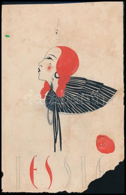 Jessie, art deco könyvborító vagy reklám terv, 1930 körül. Tempera, ceruza, papír. Jelzés nélkül, feltehetően Galambos Margit (?-?) grafikus alkotása. 21,5x14 cm. /
