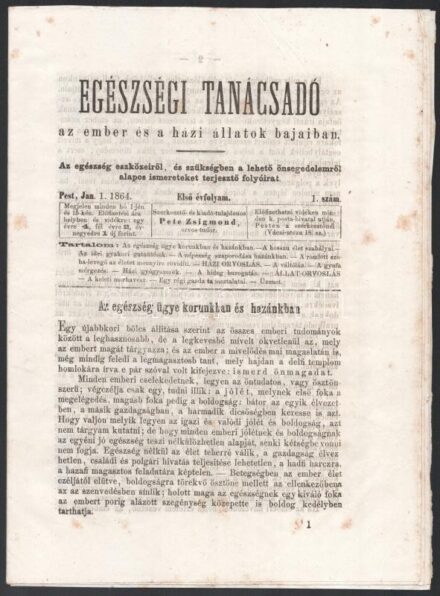 1864 Egészségi tanácsadó c. lap (az ember és a házi állatok bajaiban) induló száma és előfizetési felhívása