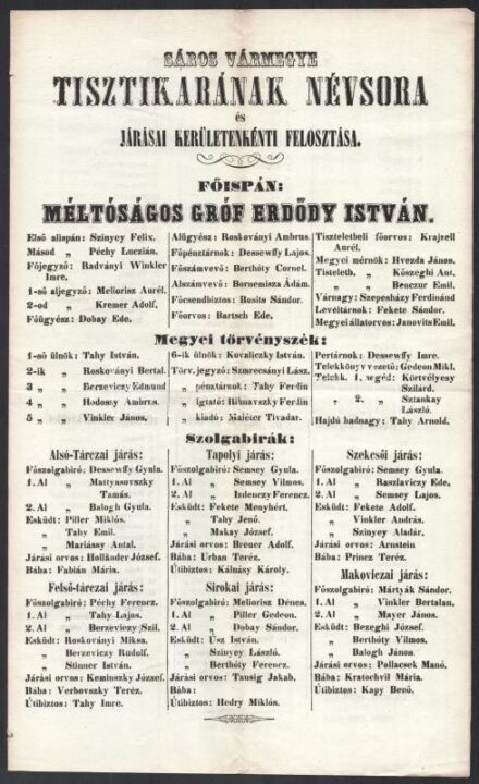 cca 1860 Sáros vármegye tisztikarának névsora, és járásai kerületenkénti felosztása. 4p 36 cm