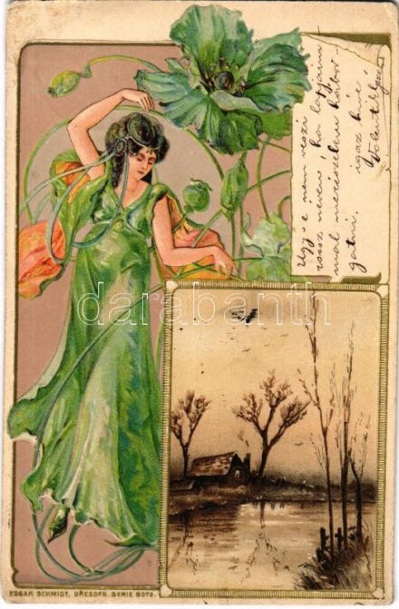1901 Art Nouveau lady. Edgar Schmidt Serie 8072. Emb. litho (lyuk / pinhole)
