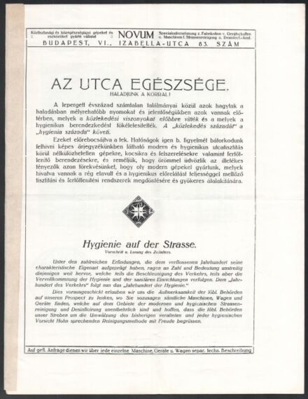 cca 1900 Novum az utca egészsége. Közegészségügyi gépeket és eszközöket gyártó vállalat képes katalógusa. 18 p.