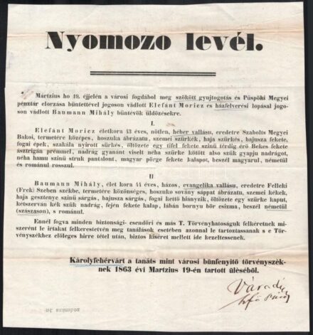 1863 Nyomozó levél héber vallású gyújtogató és házfelverő ellen. Károlyfehérvár 30x32 cm