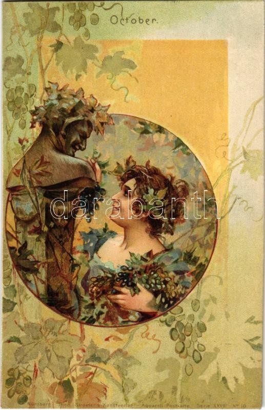 October / Art Nouveau lady. Theo. Stroefer's Kunstverlag Aquarell-Postkarte Serie XXVIII. No. 10. Floral, litho