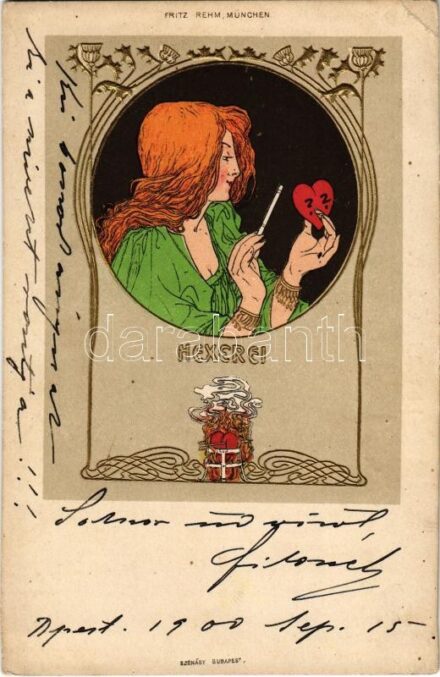 1900 Hexerei / Art Nouveau lady with heart. Fritz Rehm (München) Emb. litho (EK)