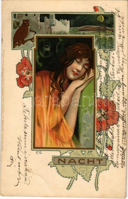 1902 Nacht. Meissner & Buch Künstler-Postkarten Serie 1096. 'Die vier Tageszeiten' Art Nouveau lady, floral, litho s: F. G. (EK)