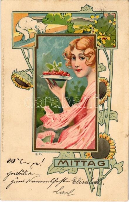 1901 Mittag. Meissner & Buch Künstler-Postkarten Serie 1096. 'Die vier Tageszeiten' Art Nouveau lady, floral, litho s: F. G. (fl)