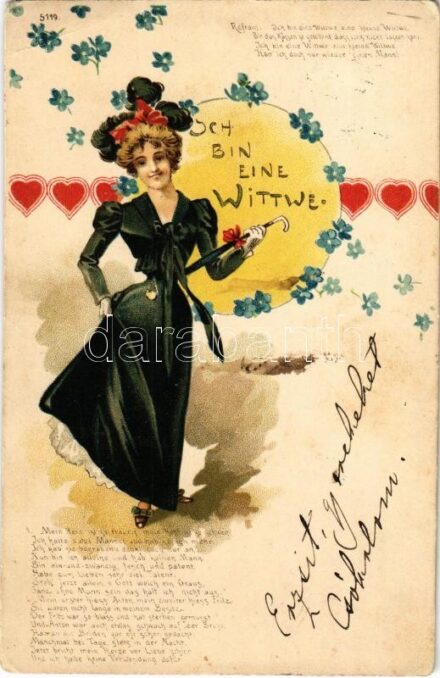 1907 Ich bin eine Wittwe / Art Nouveau lady with hearts. Floral, litho (EB)