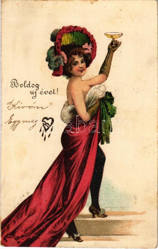1904 Boldog Újévet! / Lady with New Year greeting. litho (fl)