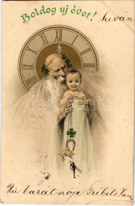 Boldog Újévet! / New Year greeting art postcard with clock, horseshoe, clover and pig. litho (EK)