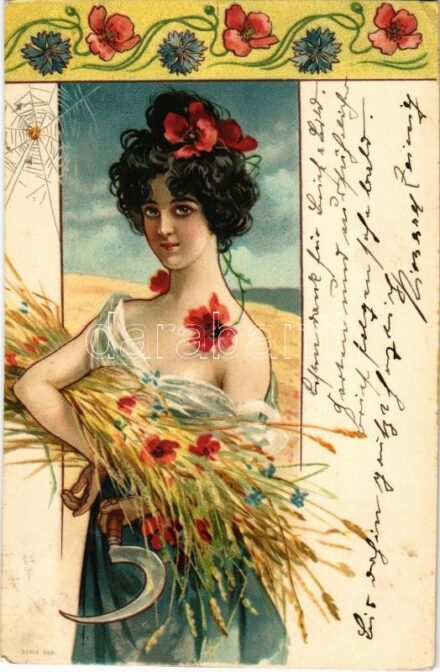 Art Nouveau lady with sickle and spider web. Serie 366. Floral, litho (EK)