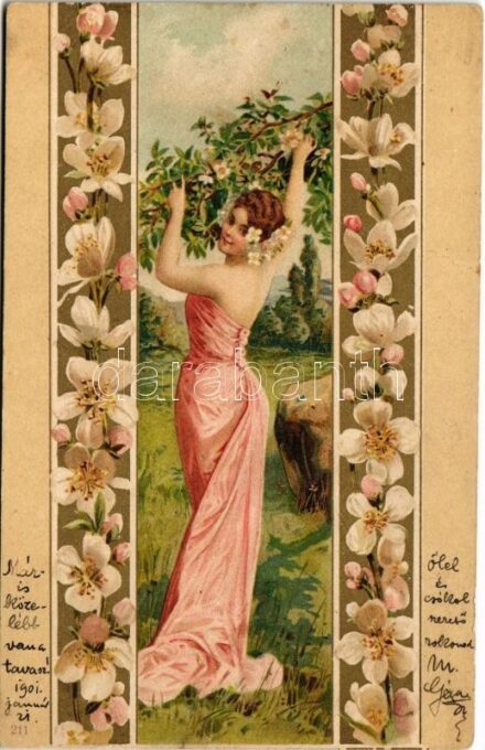 1901 Art Nouveau lady. Floral, litho (fa)