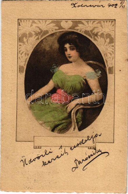 1902 Art Nouveau lady. Floral, litho (EK)