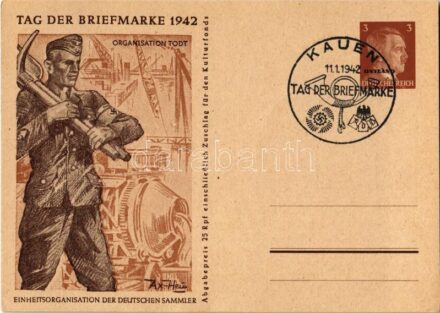 1942 Tag der Briefmarke. Kriegsmarine. Einheitsorganisation der Deutschen Sammler / WWII Day of the German Stamp, NSDAP German Nazi Party propaganda, German Navy mariner, Adolf Hitler, swastika; 3 Ga. s: Axster-Heudtlass + 'Tag der Briefmarke 11.