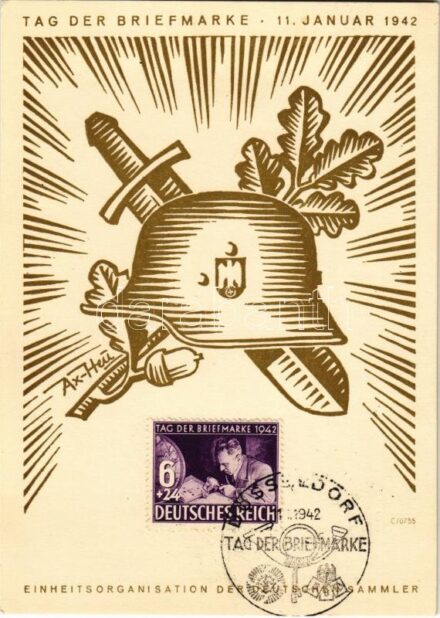 1942 Tag der Briefmarke. Einheitsorganisation der Deutschen Sammler / WWII Day of the German Stamp, NSDAP German Nazi Party propaganda, swastika s: Axster-Heudtlass + 'Tag der Briefmarke 11. 1. 1942. DÜSSELDORF' So. Stpl. (non PC)