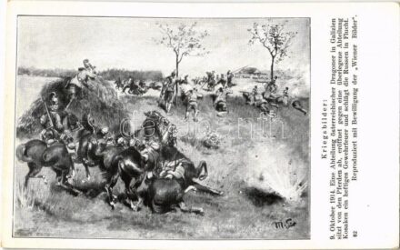 Kriegsbilder: 9. Oktober 1914. Eine Abteilung österreichischer Dragoner in Galizien sitzt von den Pferden ab, eröffnet gegen eine überlegene Abteilung Kosaken ein heftiges Gewehrfeuer und schlägt die Russen in Flucht. Wiener Rotophot / WWI