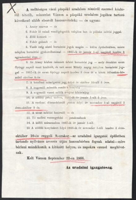 1866 Váci püspökség területén található haszonvételek (fogadó, kocsma, malom, szárazmalom, mészégetés, stb.) haszonbérbe vételére hirdetett árverés hirdetménye 22x32 cm
