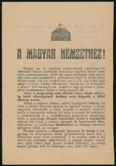 1920 A Magyar Királyság Pártjának . Royalista Párt röplapja
