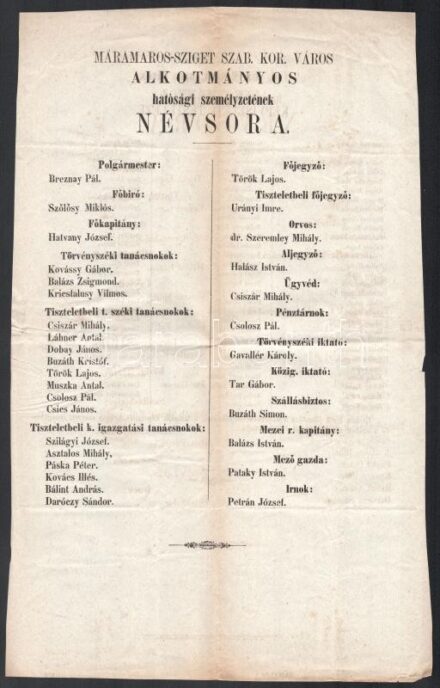cca 1860 Máramaros.Sziget Szab. Kir. Város alkotmányos hatósági személyzetének névsora.
