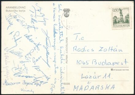 cca 1972 Vasas labdarúgó csapat tagjainak autográf aláírásai: Várady Béla, Müller Sándor, Ihász Kálmán, Puskás Lajos, Lakinger Lajos, Gass István, Török Péter, Vadász Károly edző stb., képeslapon.