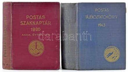 1935-1943 2 db postás szaknaptár. Postás szaknaptár (közlekedési szaknaptár) az 1935. évre. Szerk.: Kovács József. Néhány korabeli reklámmal. Kiadói egészvászon kötésben,kissé kopott gerinccel, tulajdonosi névbejegyzéssel. +