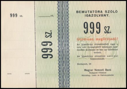 cca 1930 MNB által kibocsátott bemutatóra szóló igazolvány, 999. sz.