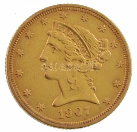 Amerikai Egyesült Államok 1907D 5$ Au 'Liberty' (3,38g/0.917) T:1- USA 1907D 5 Dollars Au 'Liberty'(3,38g/0.917) C:AU Krause KM# 101