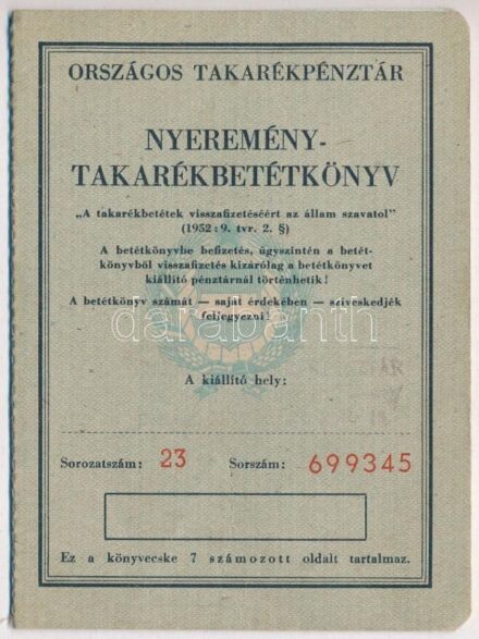 1982. 'Országos Takarékpénztár' nyeremény-takarékbetétkönyve, bejegyzésekkel