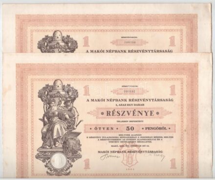 Makó 1929. 'Makói Népbank Részvénytársaság' részvénye 50P-ről (2x), sorszámkövetők '000180 - 000181', szelvényekkel T:I-,II