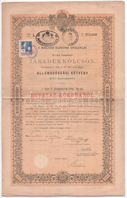 Budapest 1904. 'A Magyar Korona Országai 4%-kal kamatozó járadékkölcsön' államadóssági kötvény 100K-ról, bélyegzéssel, bélyeggel és szelvénnyel T:II