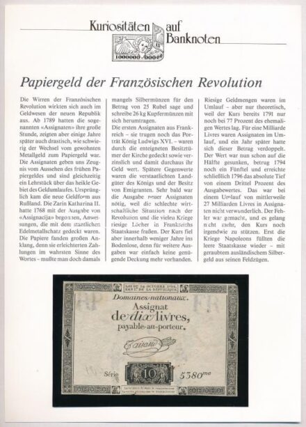 Franciaország 1792. 10L 'Assignata' vízjellel és szárazpecséttel '5380', német nyelvű 'Kuriositäten auf Banknoten' tájékoztatólappal T:III France 1792. 10 Livres 'Assignat' with watermark and embossed stamp '5380', with 'Kuriositäten