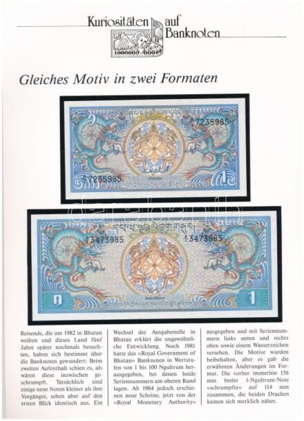 Buhtán 1981-1985. 1Ng + 1986-1990. 1Ng, német nyelvű 'Kuriositäten auf Banknoten' tájékoztatólappal T:I Buhtan 1981-1985. 1 Ngultrum + 1986-1990. 1 Ngultrum, with 'Kuriositäten auf Banknoten' german language information sheet C:UNC
