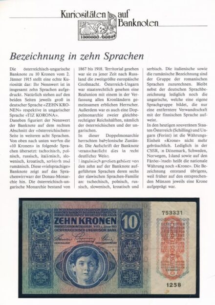1915. 10K piros 'DEUTSCHÖSTERREICH' felülbélyegzéssel, német nyelvű 'Kuriositäten auf Banknoten' tájékoztatólappal T:III Adamo K11