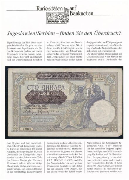Szerbia / Német megszállás 1941. 100D, német nyelvű 'Kuriositäten auf Banknoten' tájékoztatólappal T:III Serbia / German occupation 1941. 100 Dinara, with 'Kuriositäten auf Banknoten' german language information sheet C:F