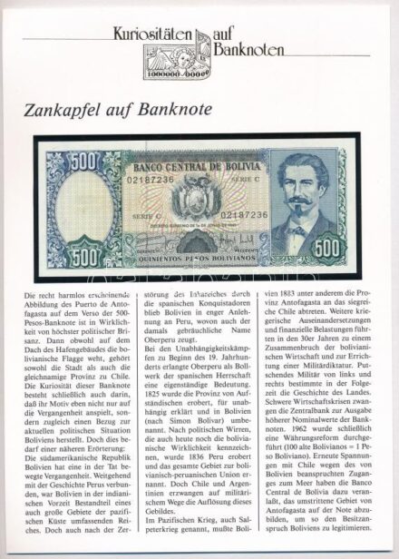 Bolívia 1981. 500P, német nyelvű 'Kuriositäten auf Banknoten' tájékoztatólappal T:I Bolivia 1981. 500 Pesos, with 'Kuriositäten auf Banknoten' german language information sheet C:UNC