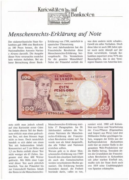 Kolumbia 1986. 100P, német nyelvű 'Kuriositäten auf Banknoten' tájékoztatólappal T:I Colombia 1986. 100 Pesos, with 'Kuriositäten auf Banknoten' german language information sheet C:UNC